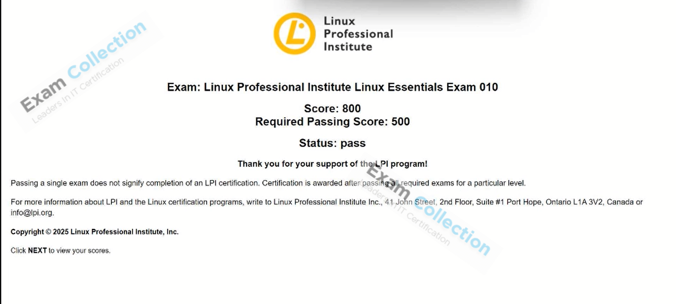 Passed score card for LPI Linux Essentials certification 1