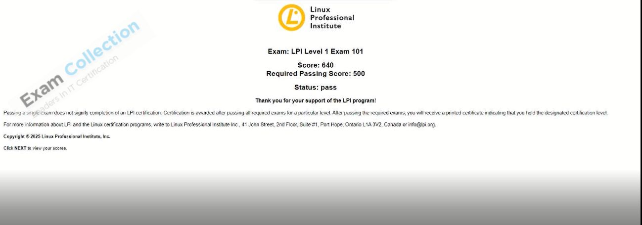 Passed score card for LPIC Level 1 certification 1
