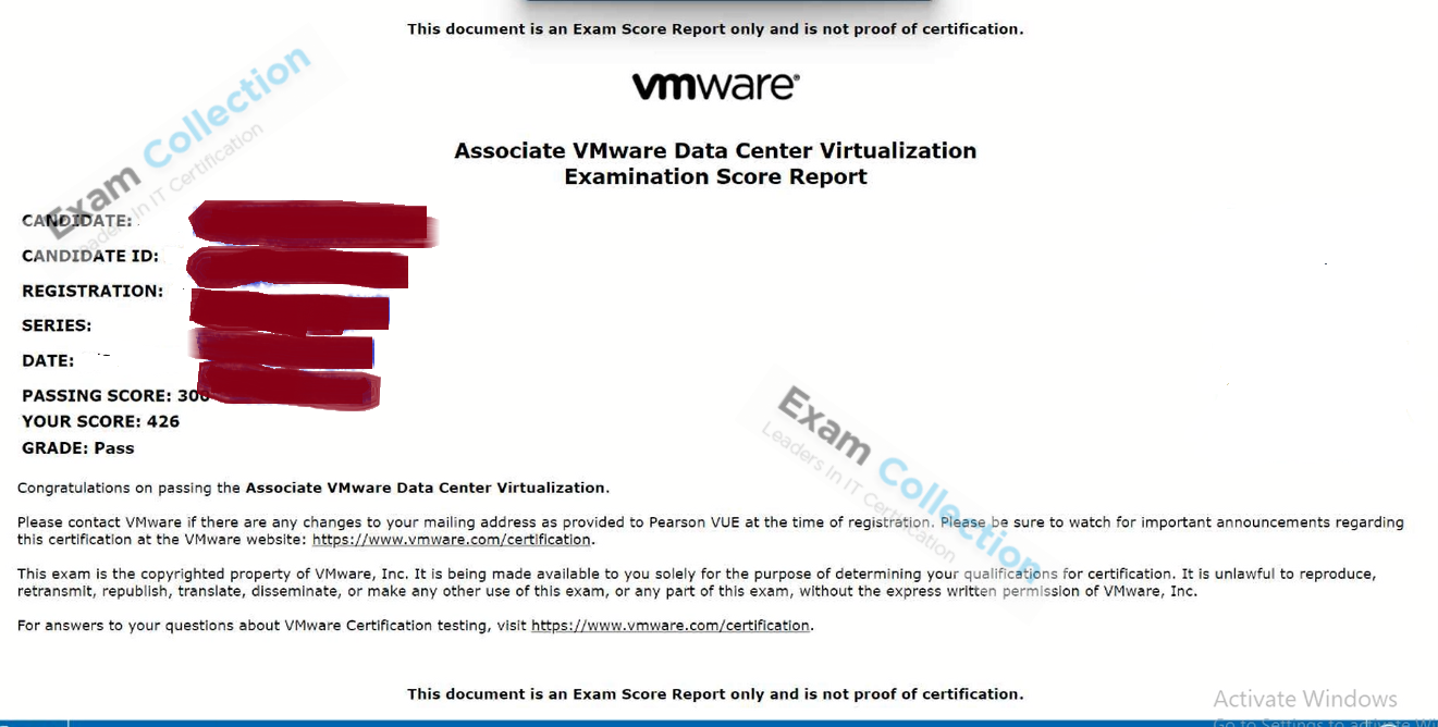 Passed score card for VMware Certified Technical Associate - Data Center Virtualization 2020 certification 1
