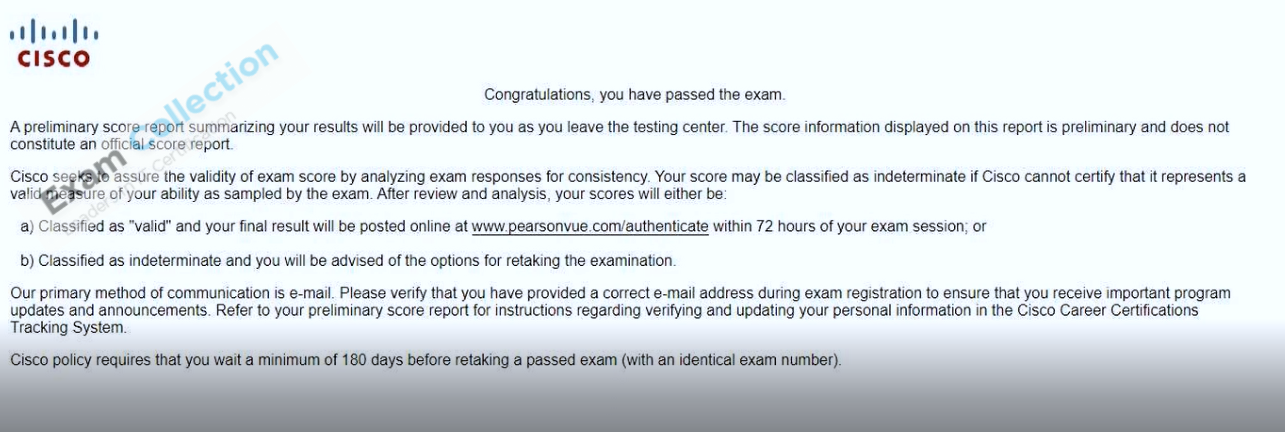 Passed score card for CCNA certification 4