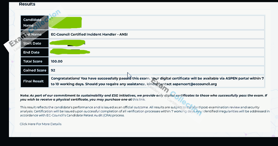Passed score card for ECIH certification 1