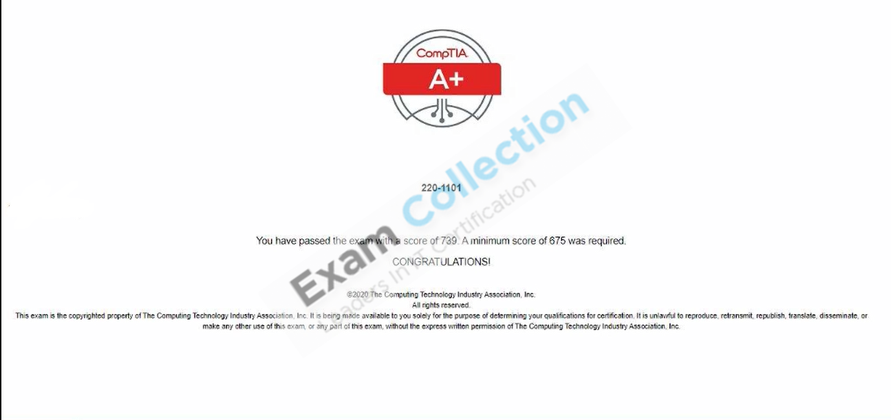 Passed score card for A+ certification 1