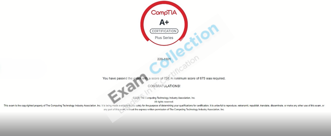 Passed score card for A+ certification 2