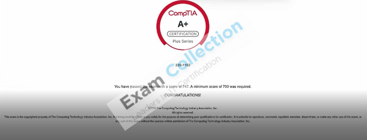 Passed score card for A+ certification 1