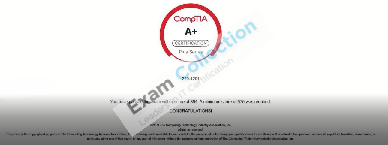 Passed score card for A+ certification 1