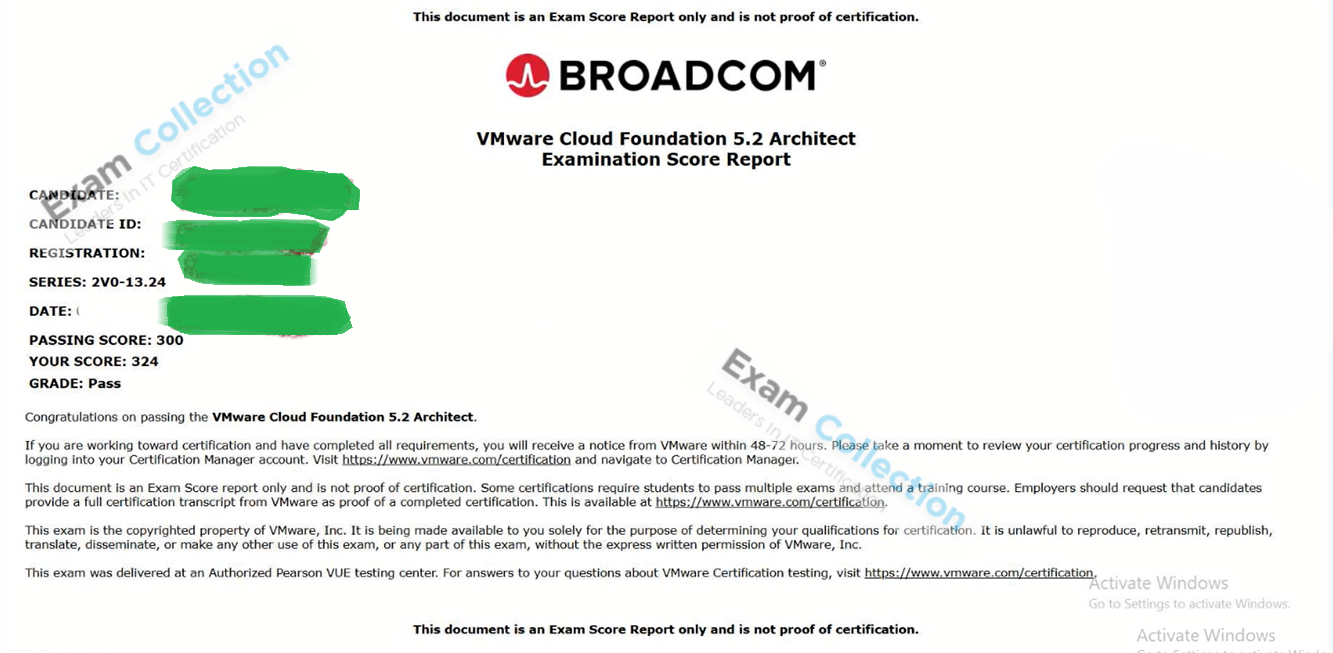 Passed score card for VCP-VCF Architect certification 1