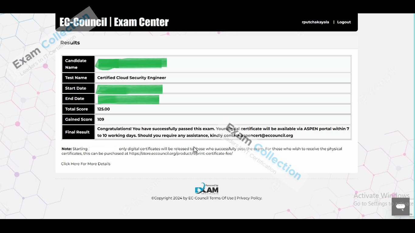Passed score card for Certified Cloud Security Engineer (CCSE) certification 1