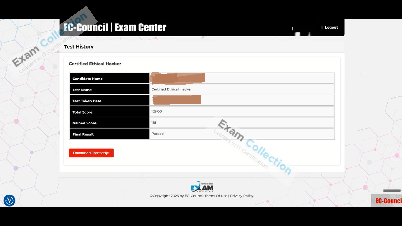 Passed score card for CEH v11 certification 1