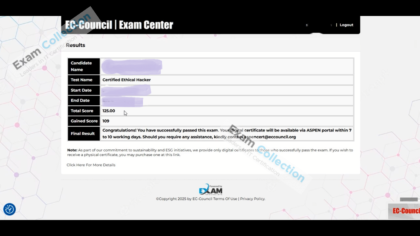 Passed score card for CEH v12 certification 1