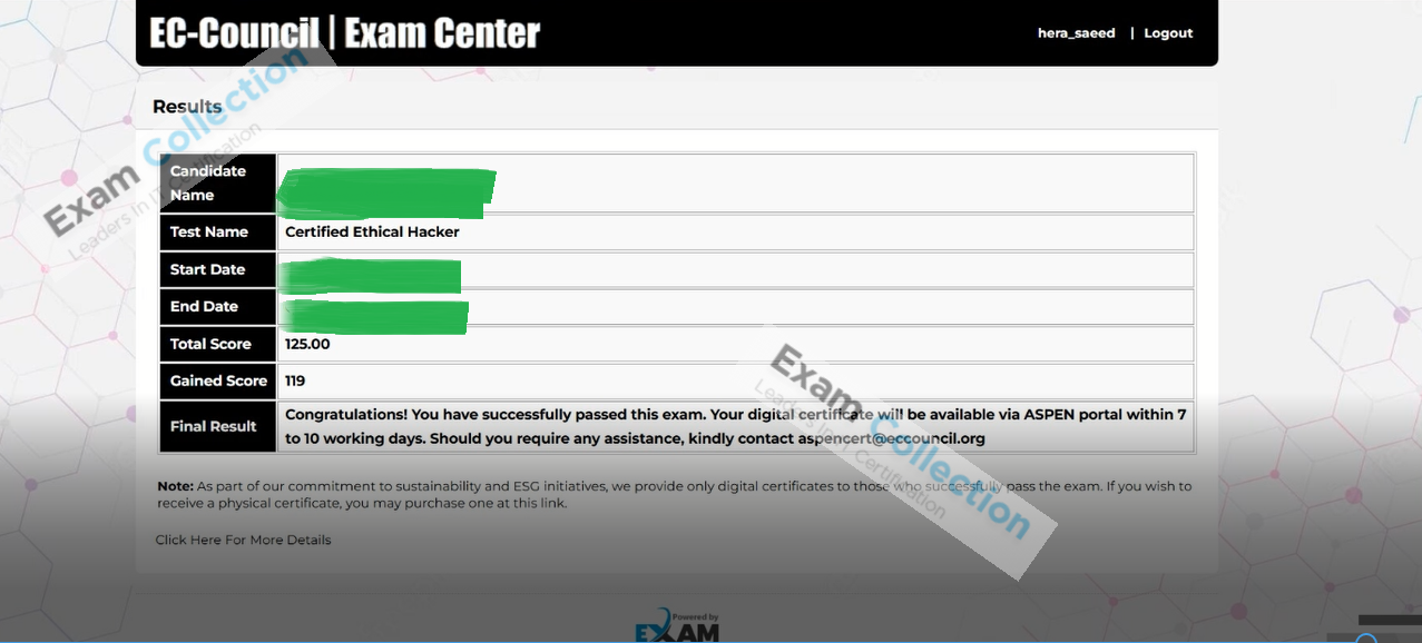 Passed score card for CEH v13 certification 2