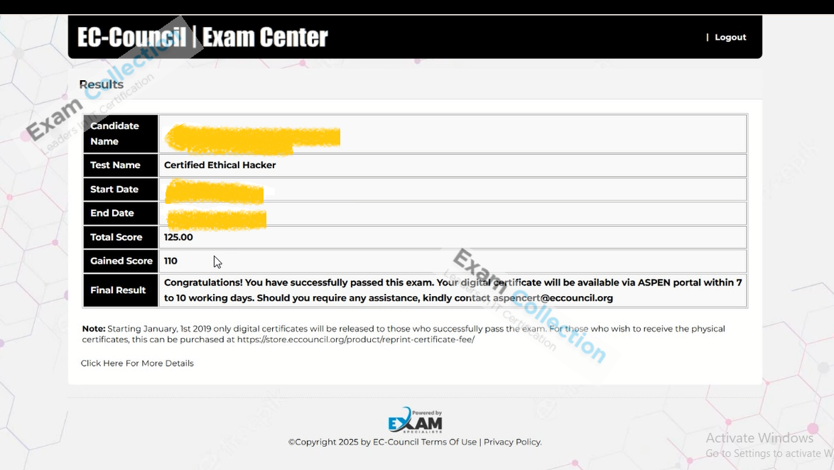 Passed score card for CEH v13 certification 1