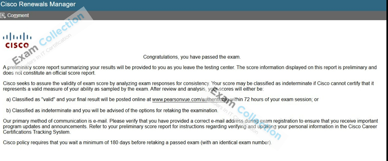 Passed score card for Cisco Specialist certification 1