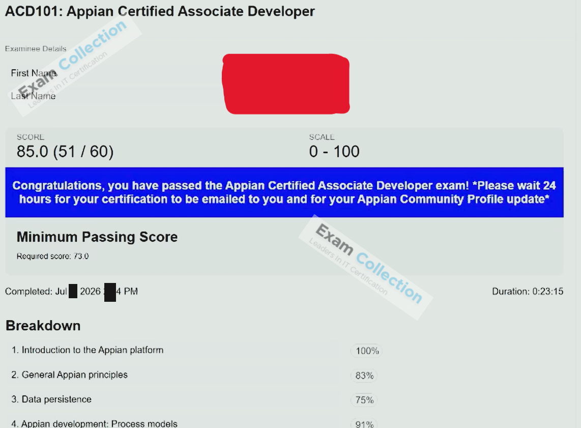 Passed score card for Associate Developer certification 1