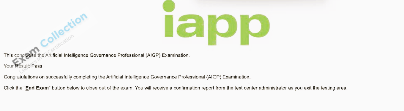 Passed score card for Artificial Intelligence Governance certification 1