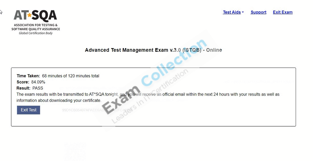 Passed score card for ISTQB Test Manager certification 1