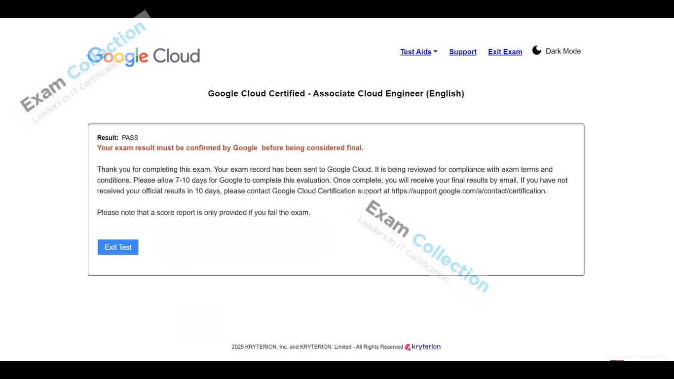 Passed score card for Google Cloud Certified certification 3