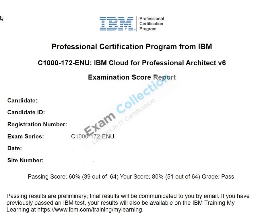 Passed score card for IBM Cloud: Cloud Solutions certification 1