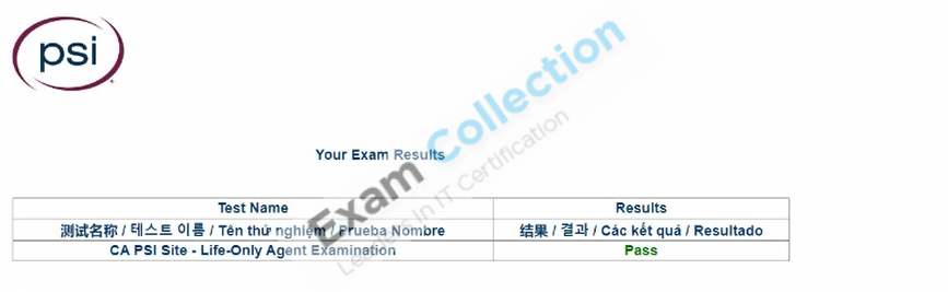 Passed score card for Life, Accident, and Health certification 1
