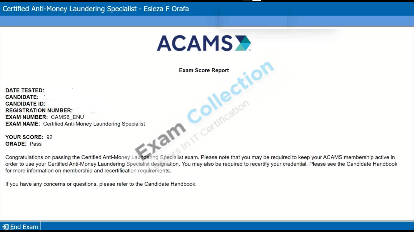 Passed score card for AML Certifications certification 1