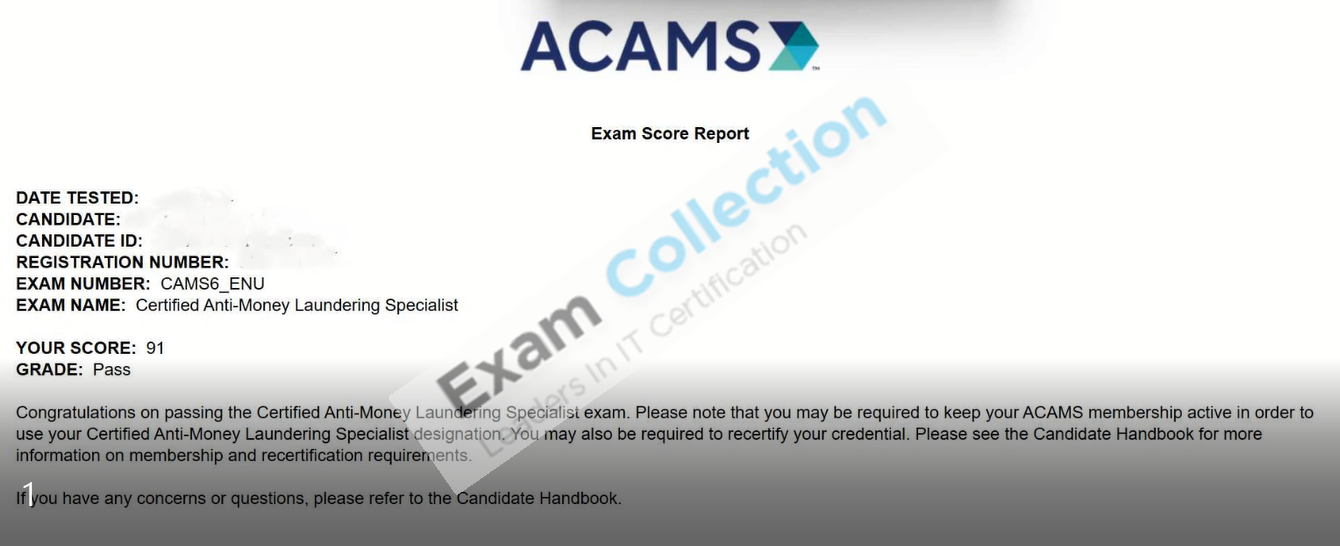 Passed score card for AML Certifications certification 3