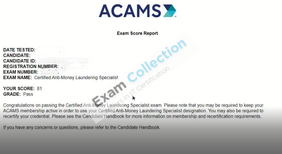 Passed score card for AML Certifications certification 2