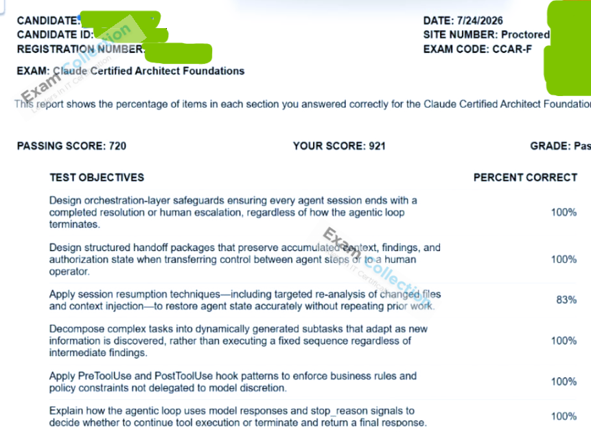 Passed score card for Claude Certified Architect certification 1