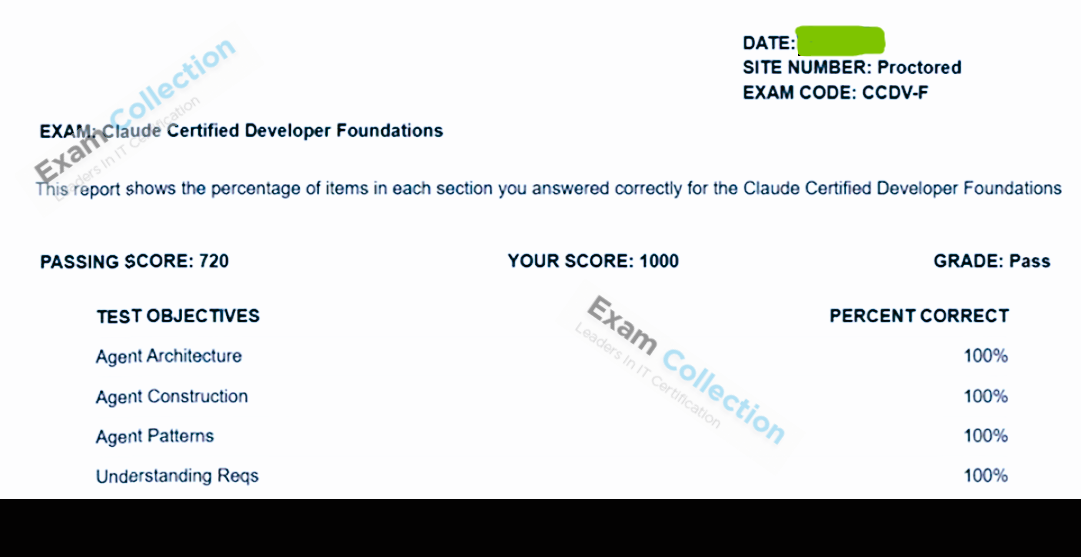 Passed score card for Claude Certified Developer certification 1