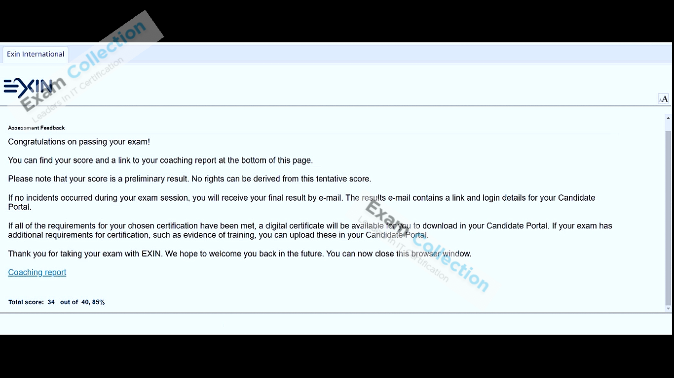 Passed score card for EPI Data Centre certification 1