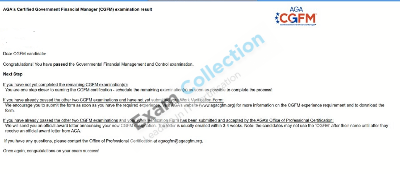 Passed score card for Government Financial Manager certification 1