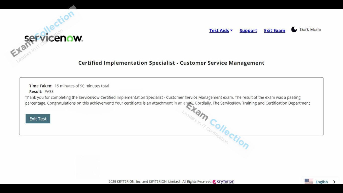 Passed score card for CIS-Customer Service Management certification 2