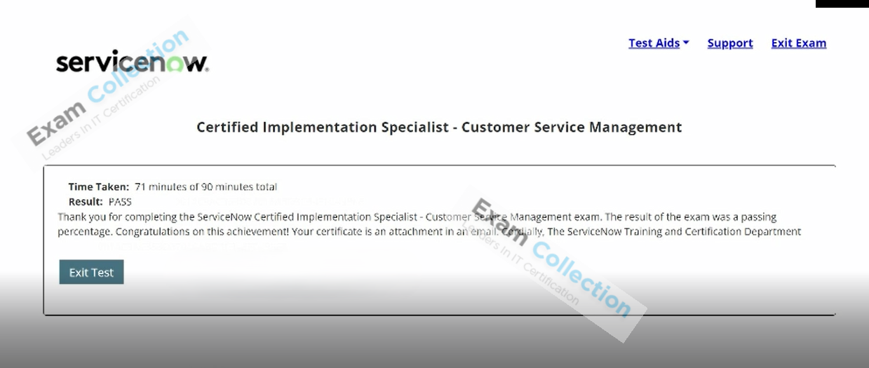 Passed score card for CIS-Customer Service Management certification 1