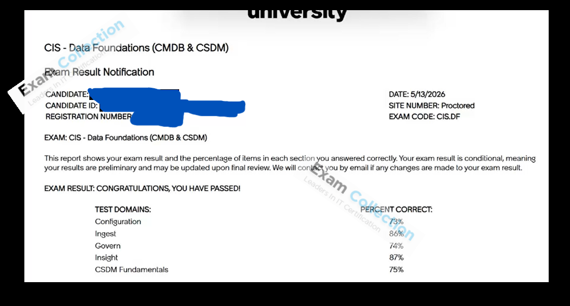 Passed score card for CIS-Data Foundations (CMDB and CSDM) certification 1