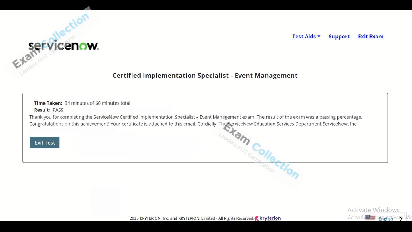 Passed score card for CIS-Event Management certification 2