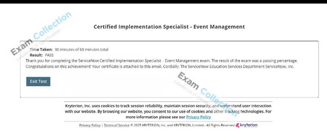 Passed score card for CIS-Event Management certification 1