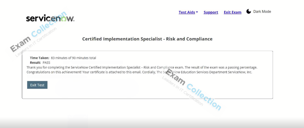 Passed score card for Risk and Compliance certification 1