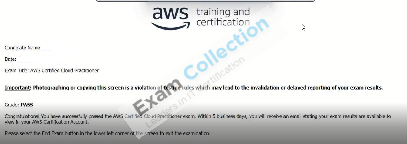 Passed score card for AWS Certified Foundational certification 1