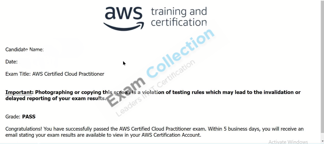 Passed score card for AWS Certified Foundational certification 3