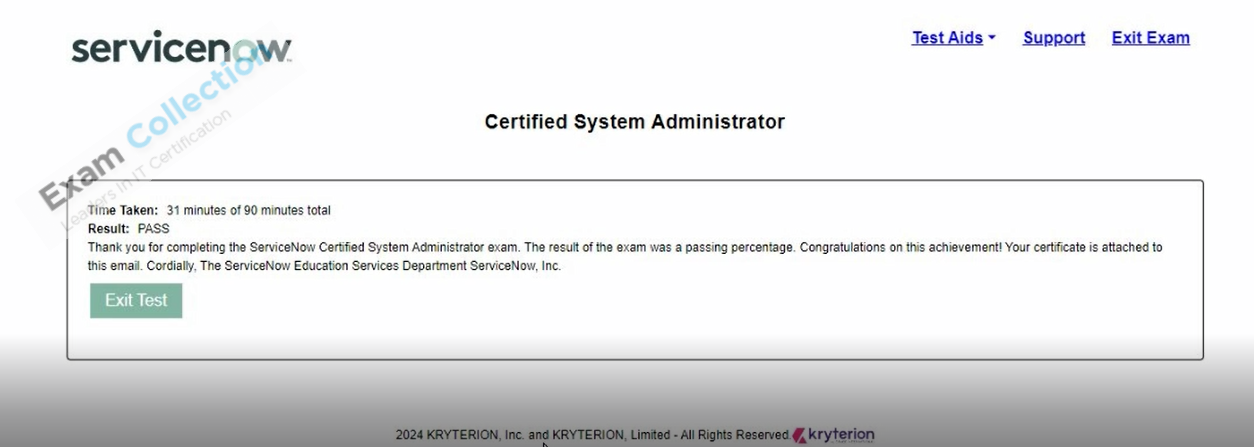 Passed score card for Certified System Administrator certification 1