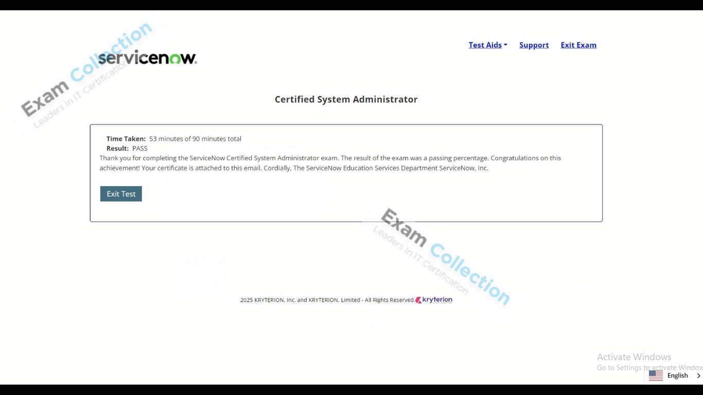 Passed score card for Certified System Administrator certification 2