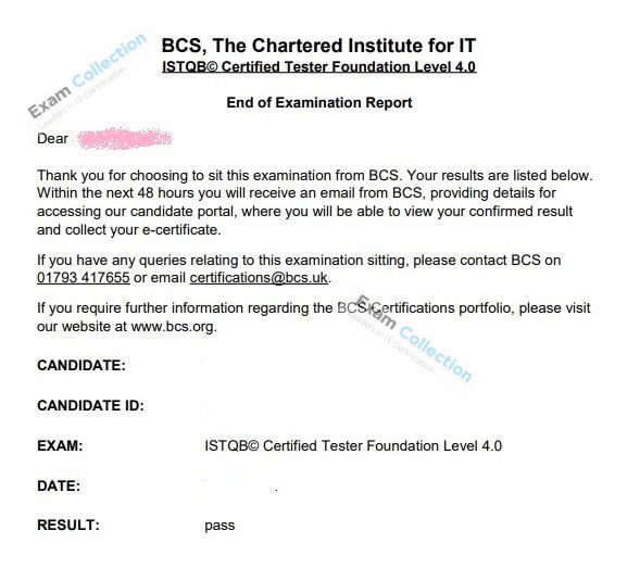 Passed score card for ISTQB Foundation Level certification 1