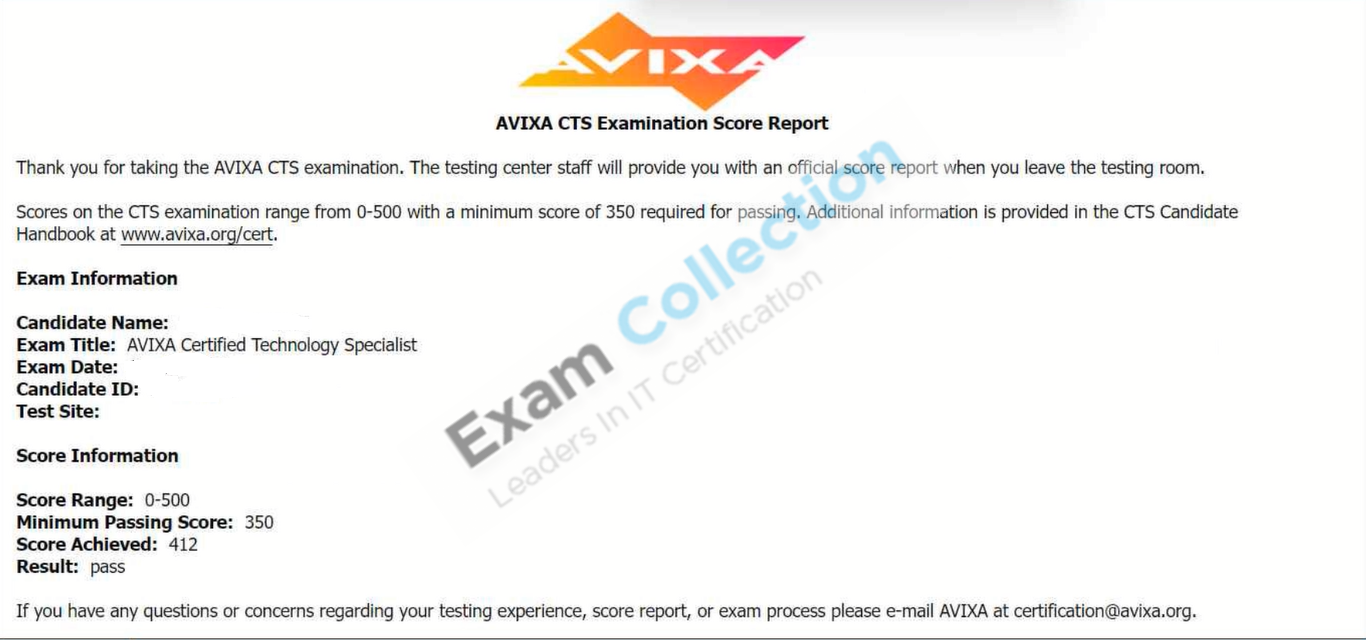 Passed score card for AVIXA Communications Certifications  certification 1