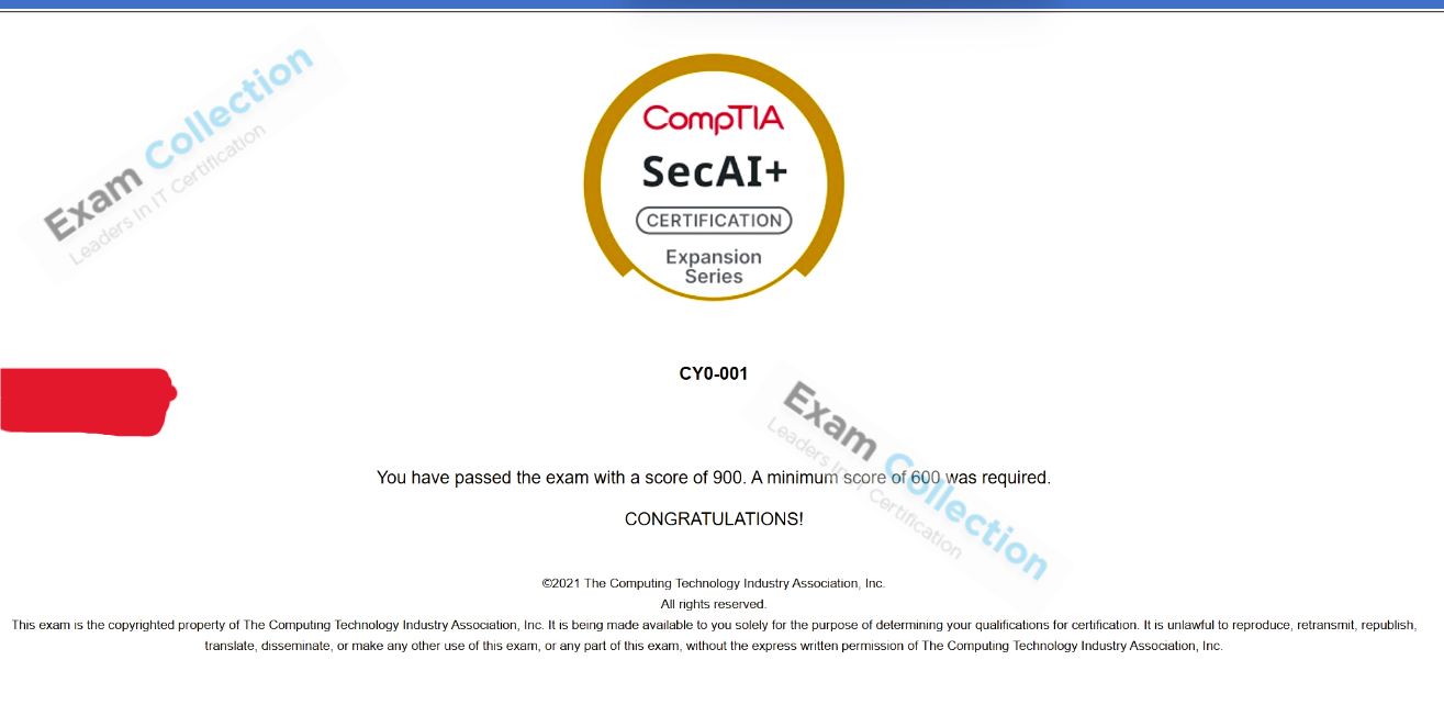 Passed score card for CompTIA SecAI+ certification 1