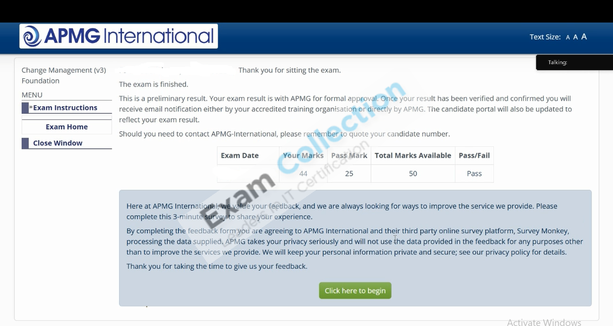 Passed score card for Change Management certification 1