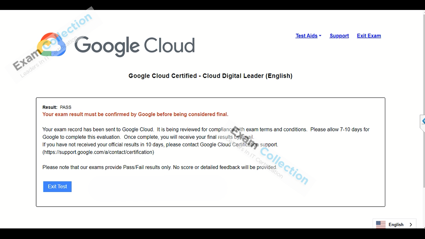 Passed score card for Google Cloud Certified certification 1