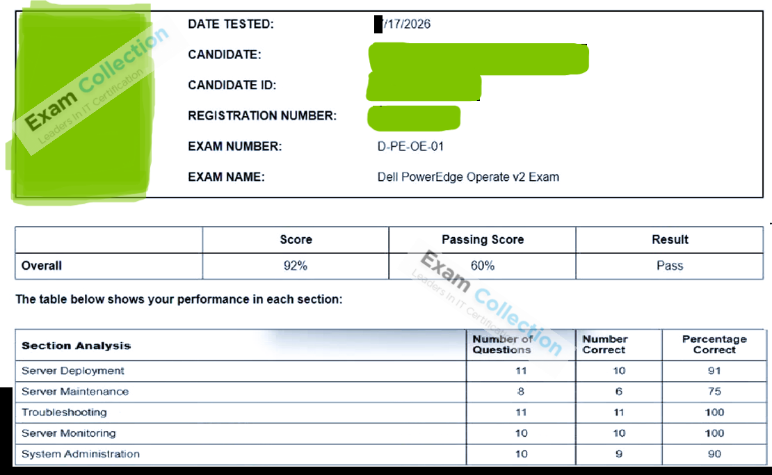 Passed score card for DECA-PowerEdge certification 1