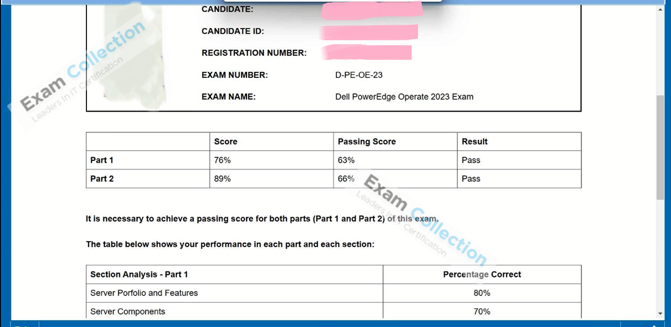 Passed score card for DECA-PowerEdge certification 1