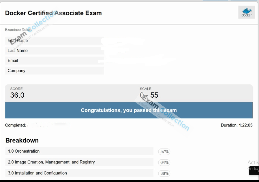 Passed score card for Docker Certified Associate certification 1