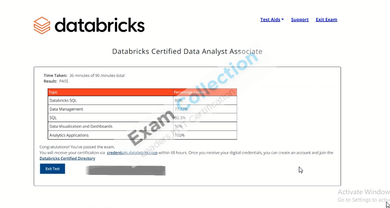 Passed score card for Data Analyst certification 1