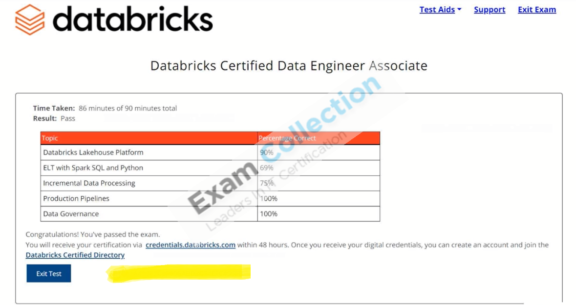 Passed score card for Databricks Certification certification 1