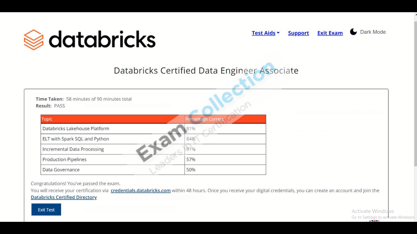 Passed score card for Databricks Certification certification 2